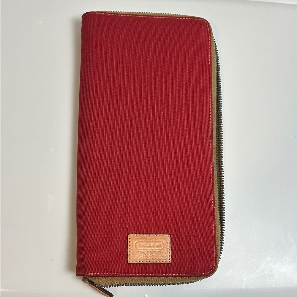 Coach Red Slim Business Card Holder Full Zip Organizer with a leather interior